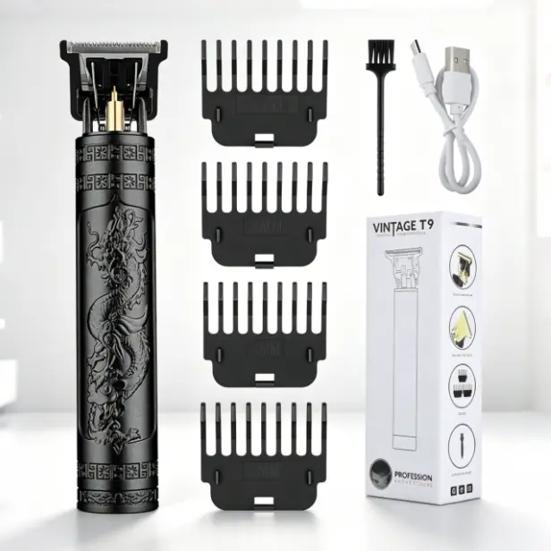 LQT Vintage T9 Black Dragon Embossed Zero Gap T-Blade Hair Trimmer, USB Cordless Rechargeable Detail Edging Clipper Kit with 1.5/2/3/4mm Guide Combs & Cleaning Brush, Professional Hairline Outline Shaping Tool for Barbers & Men Home Grooming