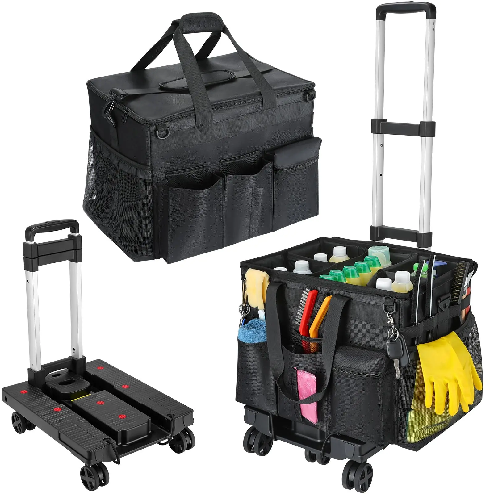 Extra Large Rolling Cleaning Caddy Bag with Detachable Trolley, Upgraded 360° Free Rotating with 5 Wheels and Dust-Proof Lid, Professional Cleaning Supplies Bag for Housekeepers, Black Collapsible Multi-Purpose Camping Cart