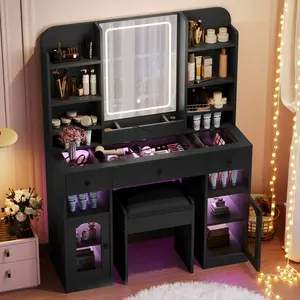 43.2" Vanity Desk with LED Mirror and Lights, Glass Top Vanity with RGB Glass Light Cabinets, Dressing Table with 3 Drawers ,Storage Shelves and Stool for Bedroom, Black