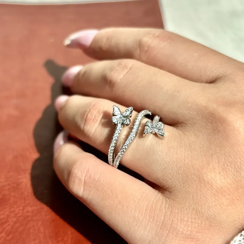 JJ CHIC Double Butterfly Wrap Ring, Micro Pave High-End Design Ring - Personal Statement Jewelry or Gift for Girlfriend or Wife Charming Cubic Zirconia