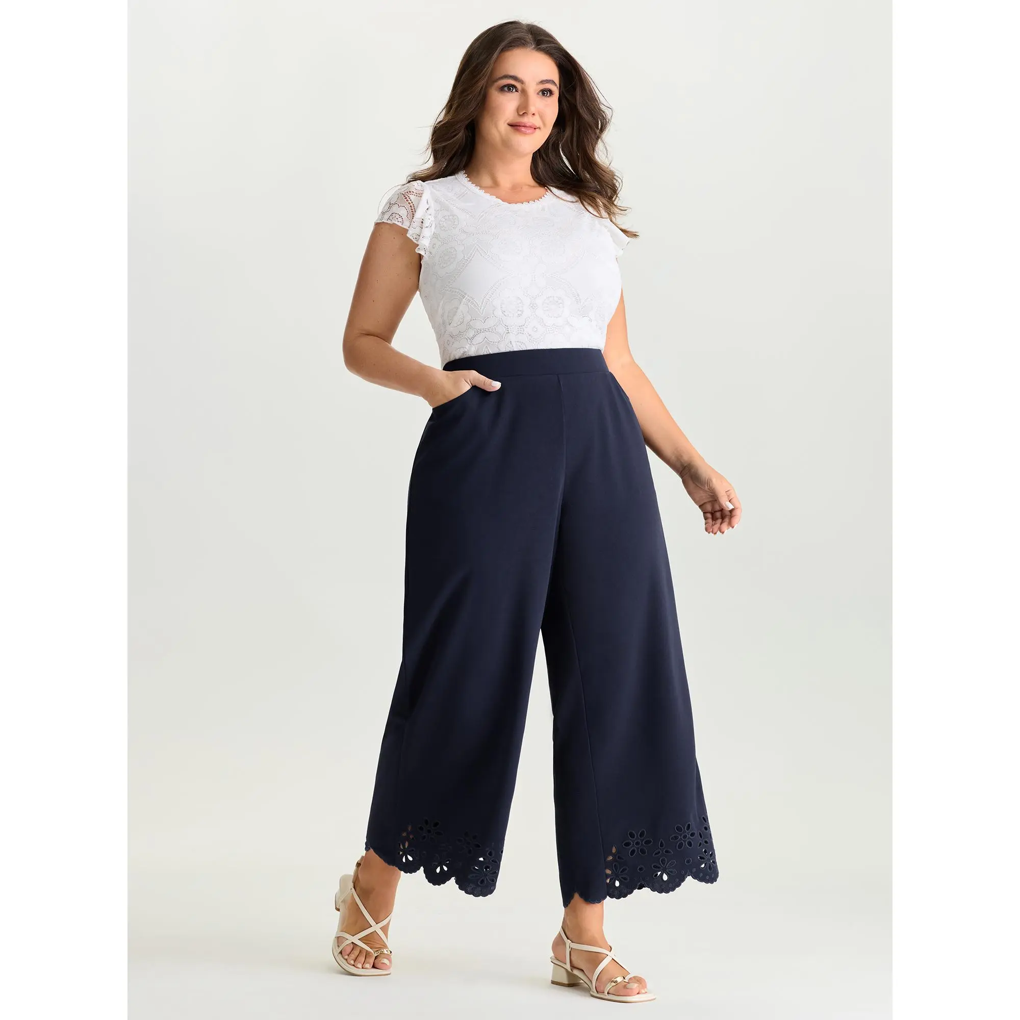 BloomChic Women's Plus Size Textured Straight Leg Spandex Bottoms - Comfy Mid-Rise Casual Classic Shorts with Pockets, Cut-Out Detail, Breathable Polyester Blend Elastane for Everyday Wear