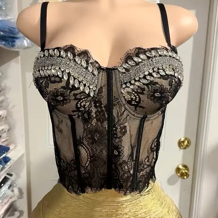 Women's Dora Chic Elegance Corset Tank Top - Slim-Fitting, Short Sleeveless Spaghetti Straps, Black Lace, Rhinestone Detailing, Sheer Look Party Top for Women's Tanks & Camis, Casual, Sheer Look Women's Tanks & Camis