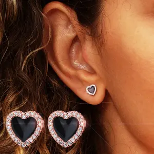 S925 Silver Plated 14K Rose Gold Heart-Shaped Earrings, Exquisite Black Enamel Earrings Suitable For Women's Daily,Party&Wedding Earrings