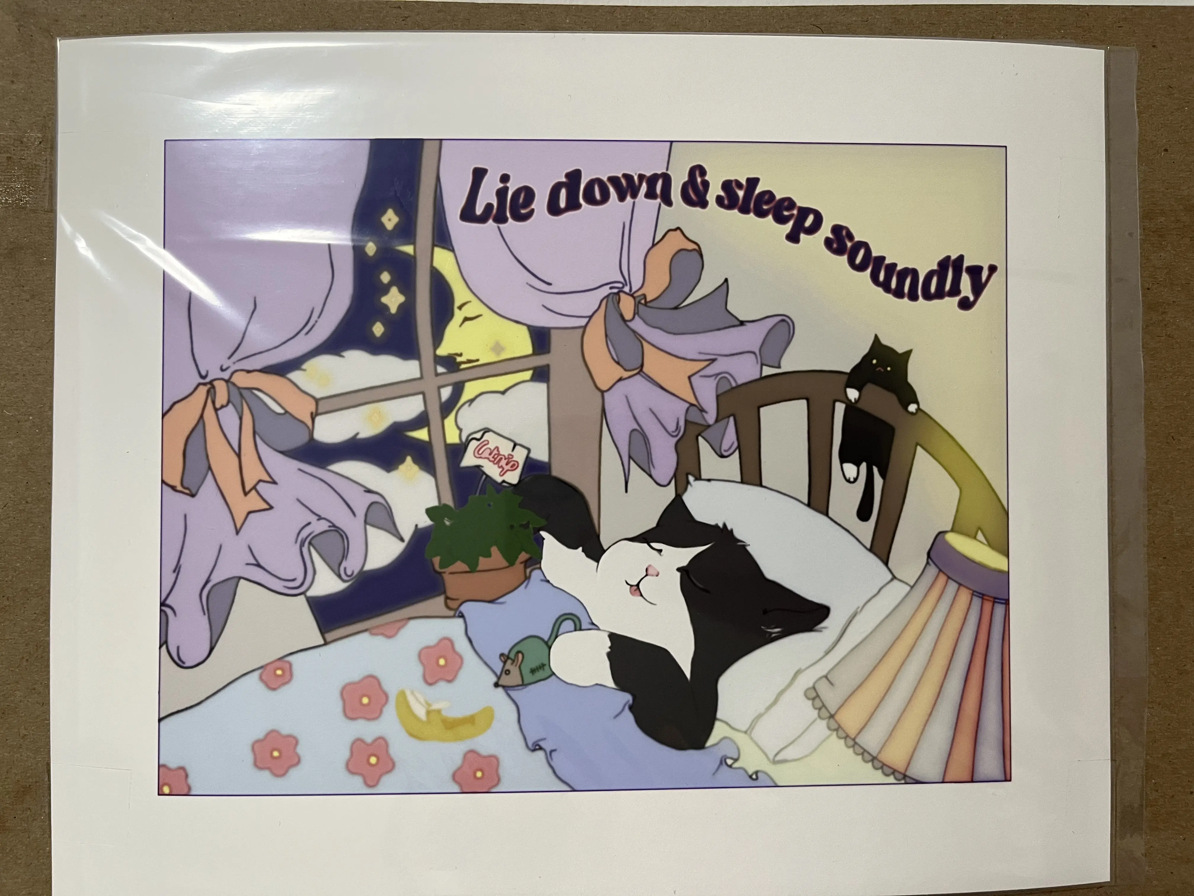 “Lie Down & Sleep Soundly” Limited Edition Original Artwork Print, Cozy Cat Sleeping in the Moonlight, Hand-drawn and digitally painted by Abebe Oshun, Wall Art for Relaxing Bedroom Ambiance
