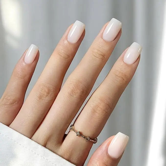 Milky White Beetles Press On Nails   | One Reusable Kit (Glue & Tools Included) | No UV Lamp Needed | Natural Glossy Finish |  Pre Designed Stick On False Nails with Glue Almond/Square/Coffin/Squoval 16Sizes 32Pcs #Summervibes