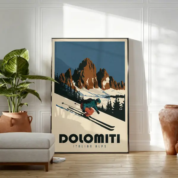 Dolomites Italy Ski Poster, Retro Ski Poster | Vintage Ski Poster | Alpine Decor for Skiers
