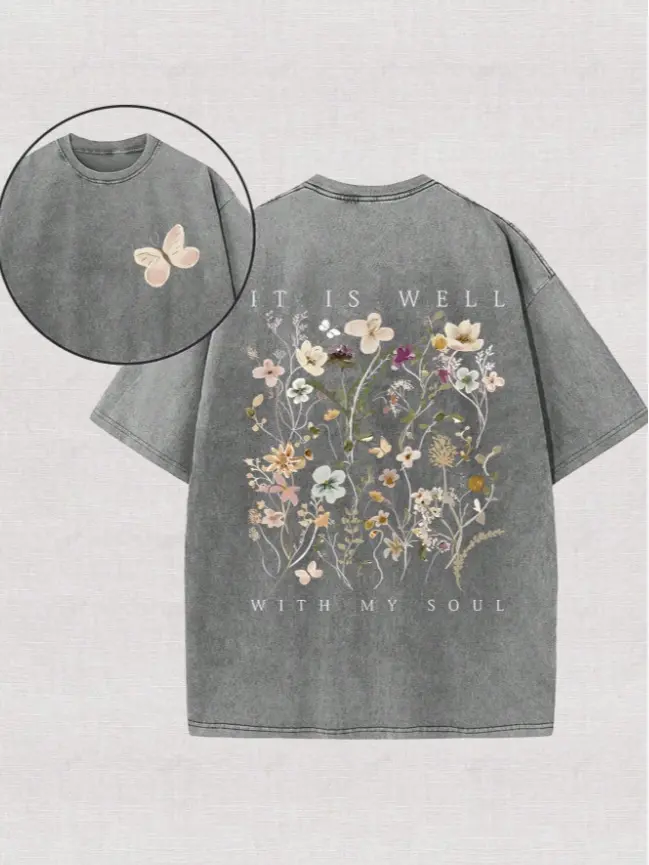 Vintage Washed "Flower And Butterfly" Double-Sided Graphic Tee | 230gsm Heavyweight Casual Streetwear, Unisex Crew Neck Fit, 100% Breathable Cotton Retro Summer Top for Men & Women