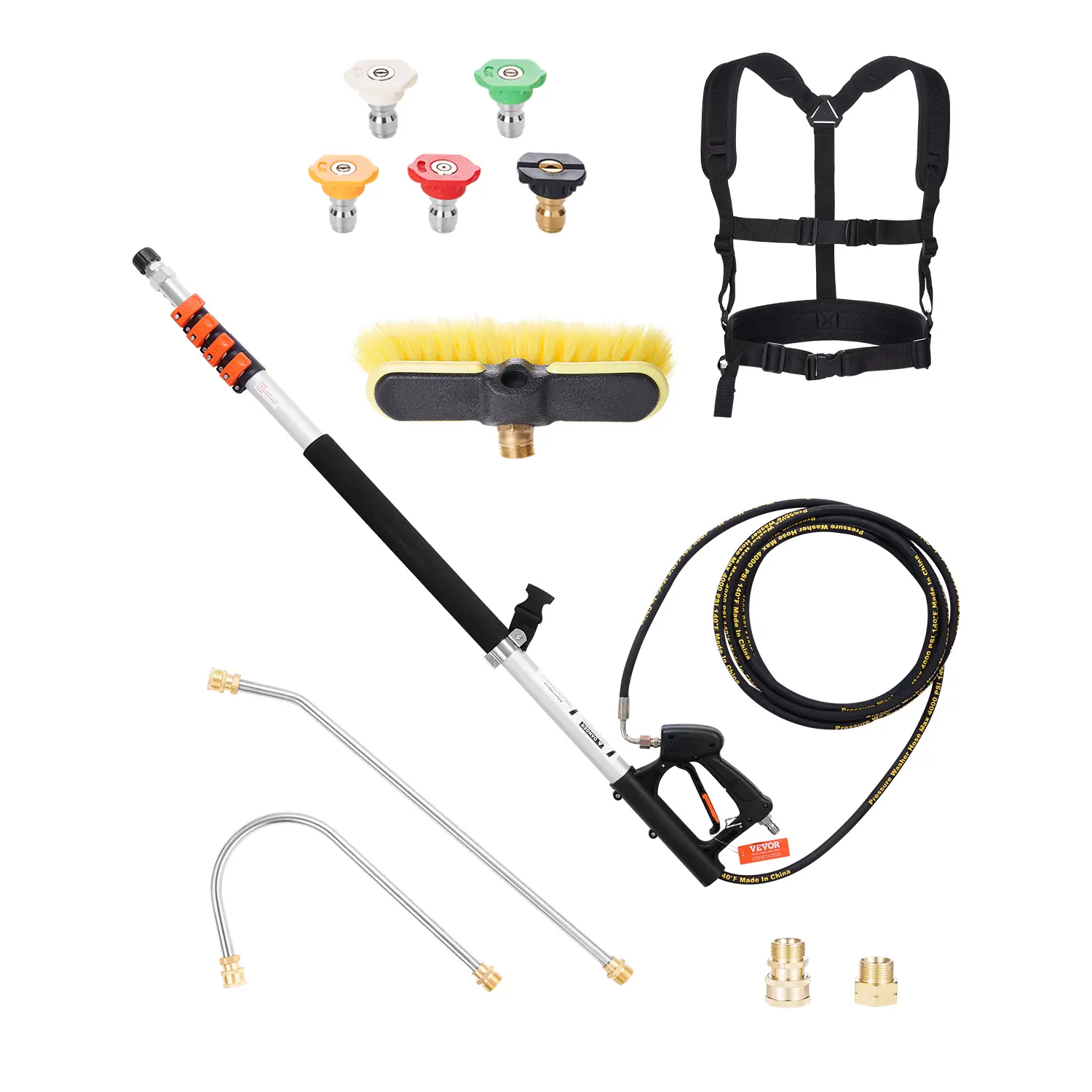 【DealsForYouDays】VEVOR Pressure Washer Telescoping Wand, 18 ft, 4000 psi, Telescopic Spray Wand with Power Washer Extension Wands, Gutter Cleaner, Brush Head, 5 Spray Nozzle Tips, Adapter and Adjustable Support Belt