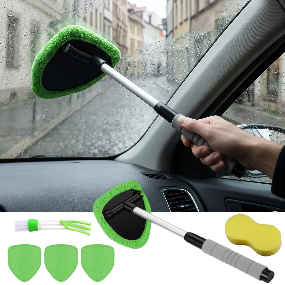 Windshield Cleaner Tool with Extendable Handle – Car Interior Window Cleaning Kit, 4 Washable Microfiber Pads, No Streak & Safe for Tint, Auto Wiper Inside Windshield Brush for Car & Home Windows