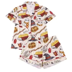 Magic Wizard Fantasy Print Pajama Set, Sleepwear for Harry Potter Fans, Wands, Owls & Books, Gryffindor, Comfy Two-Piece Short