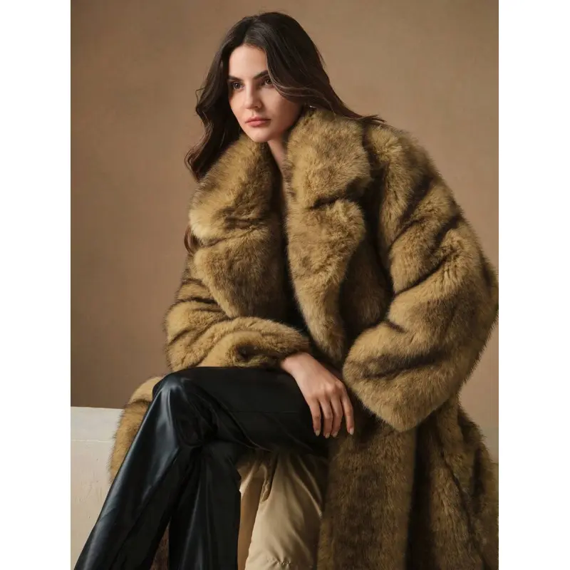 Women's Polyester Fluffy Long Coat - Autumn Winter New Fashion, Drop Shoulder Sleeve, Loose Fit, Lapel Neckline, Elegant Formal Casual Evening Outerwear, Furry Parka Tops, High-Quality Fabric, Brown, Jackets