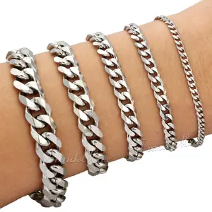 3/5/7/9/11mm Silver Color Stainless Steel Curb Cuban Link Chain Bracelet 7-11inch for Unisex Women Men Birthday Christmas Gift