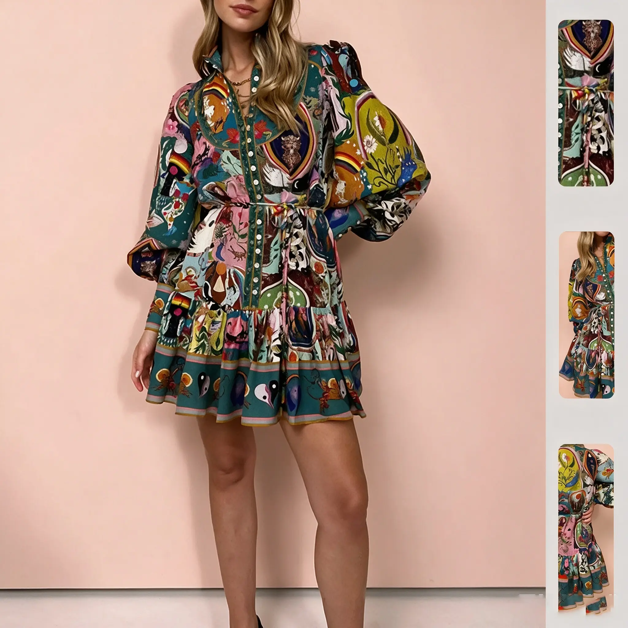 Women's Bohemian Whimsical Art Print Mini Dress - Stand Collar, Long Puff-Balloon Sleeves, Adjustable Waist, Tiered Ruffle Hem, Oversized Fit, Button Accents - Elegant Summer Outfit for Daily, Beach Use, Long Sleeve, Fluffy
