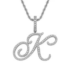 18 Karat Gold-Plated Copper Cursive Letter Initial Pendant Necklace, Hip Hop Zirconia Stone Necklace with Box Packaging, Hip Hop Necklace
