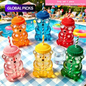 Adorable Bear Straw Glass Cup, Drinkware, 20oz Capacity, Cute Sporty Aesthetic Style, Perfect for Coffee, Juice, Milk, Tea, Beach, Gift for Girls, Teens, Parties