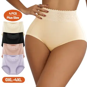 QUASTI 4-Piece Plus Size Elegant High-Waisted Breathable Lace Women's Panties, Soft, Lace Trim, Skin-Friendly and Comfortable, Elegant Solid Color, Super Comfortable, Seamless Design, Sizes 0XL-4XL