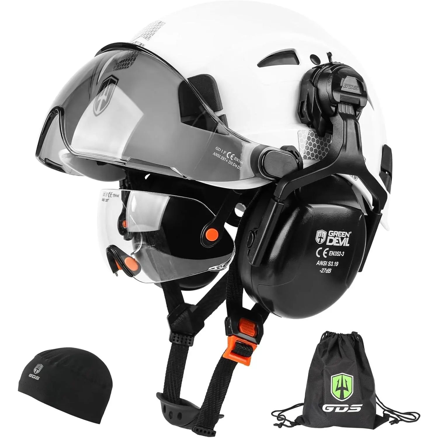 6-in-1 Vented Safety Helmet with Integrated Dual Visor, Ear Muffs, Above-the-Neck Protection, 27dB Noise Reduction for Construction, Scaffolding, Forestry Sports & Outdoor Hats, Integrated Visor, Woodworking, 11.8 X 9.4 X 7.1 Inches, 6-In-1 Helmet, Safety