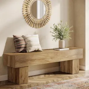 LITTLE TREE 63“ Extra Long Dining Bench, Farmhouse Wooden Entryway Bench, Indoor End of Bed Bench for Bedroom, Living Room, Dining Room, Hallway, Light Brown