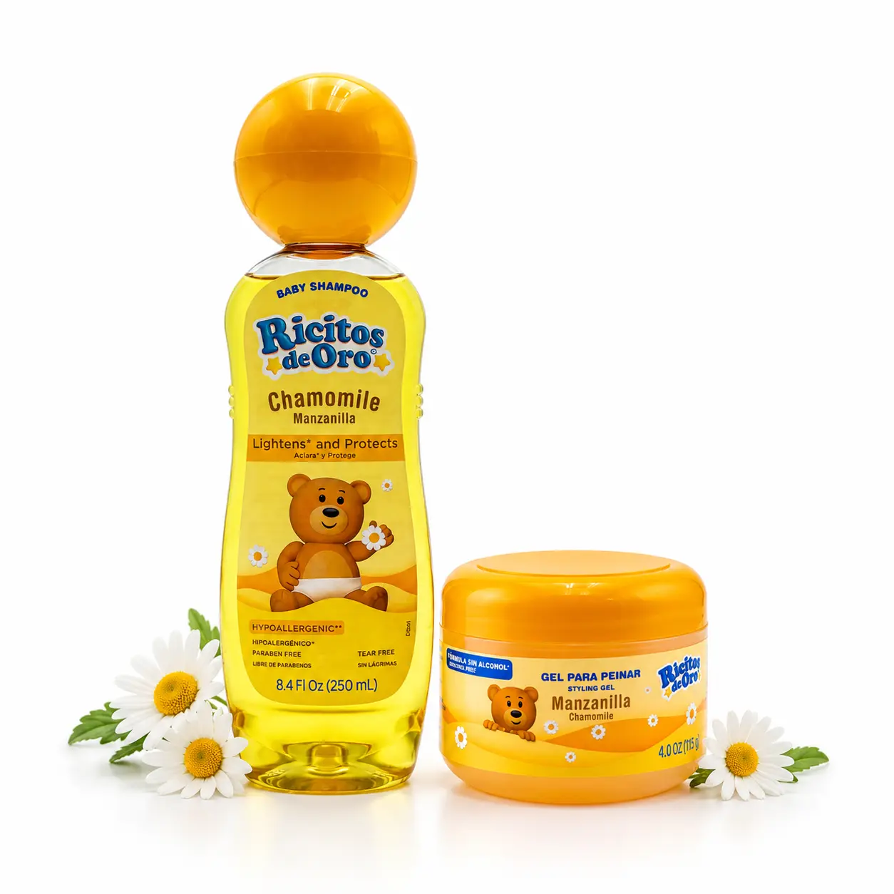 Ricitos de Oro Chamomile Shampoo 250 mL Bottle with Rattle Cap and 4 oz Styling Gel Duo Set Hypoallergenic Formula for Gentle Hair Cleansing