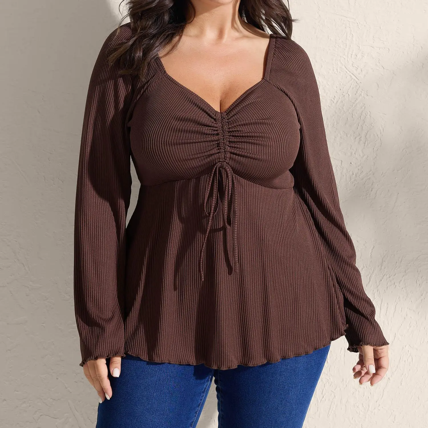 BLOOMCHIC Babydoll Women's Plus Size Ribbed Spandex Fabric Blouse - Adjustable Drawstring Bodice, Flared Long Sleeves, T-Shirt Fit Garment [M-6X] 2026 Summerfinds Fit Top,back to school,back to school shopping