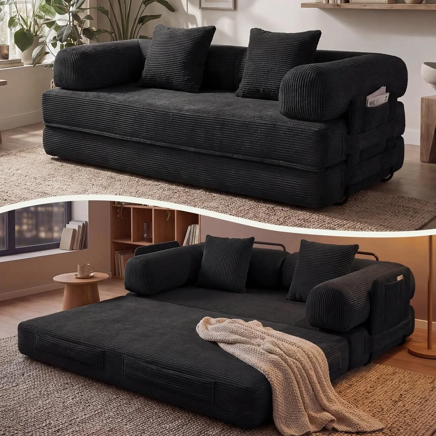 Aoxun Convertible Folding Sofa Bed, Fold-Out Floor Sofa Couch with Fixed-Shape Frame, Corduroy Foldable Matttress Cloud Couch for Living Room Bedroom (81 Inches)