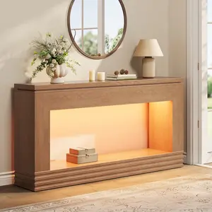 Sikaic LED Console Table with 3-Color Light & Double-Tier Design, Modern Entryway Table for Hallway, Living Room, Beside the Stairs, Walnut summergarden