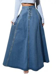 【New Arrival】Ebossy Women's Retro High Waisted Button Fly Flared Long Jean Skirts Pleated Flowy Swing A-line Denim Maxi Skirts