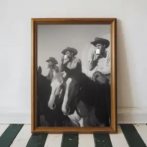 Vintage Cowboy Coffee Wall Art, Retro Black and White Western Art, Texas Cowboy Southern Breakfast Bar Print, Unframed T