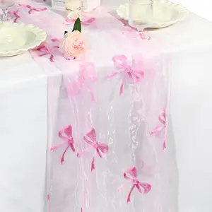 Pink Embroidered Sheer Table Runner with Shiny Bows, 28"×118" Romantic Tulle Table Runner for Wedding, Bridal Shower, Valentine’s Day Dinner Party Decor, Perfect Gift for Special Occasions