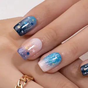 Curvlife medium squoval star False Nails patterns prints nude glossy shiny Easy Apply Nail Art