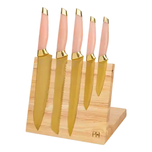 Paris Hilton Knife Block Set with Magnetic Wooden Knife Block, High Carbon Stainless Steel Blades, Titanium Coating, 6-Piece Set, Pink & Gold