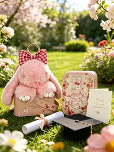 2026 Graduation Gift,Handmade Fluffy Bunny PomPom Keychain with Checkered Bow & Rose Tea Party Tin Box | Kawaii Gift for Girls & Anxiety Relief Charm Perfect Gift For Girlfriend & Bestie