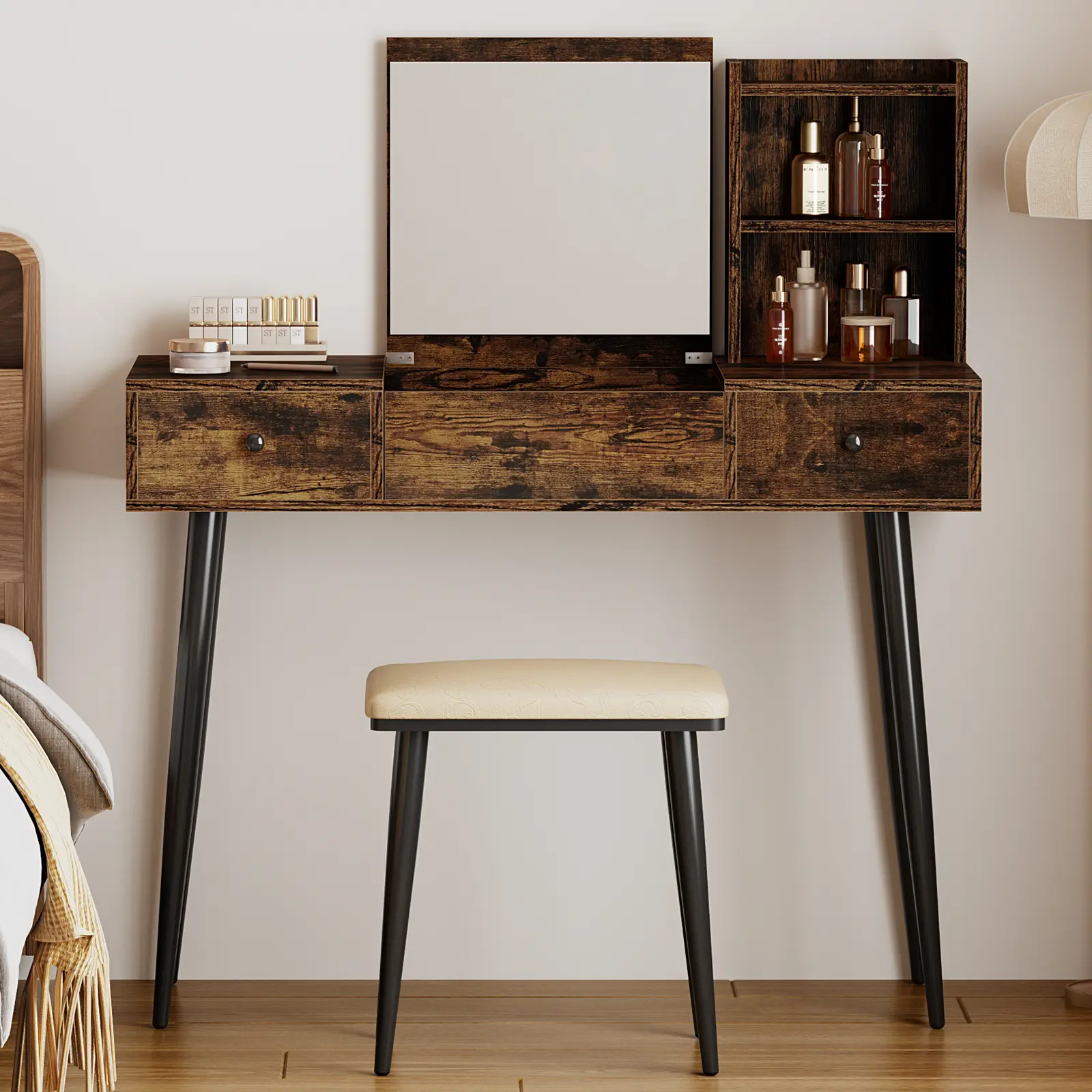 Vintage Foldable Makeup Vanity Table with Flip Top Mirror 3-Color LED Lights Space Saving Desk Set 6 Storage Spaces Power Outlet Rustic Brown