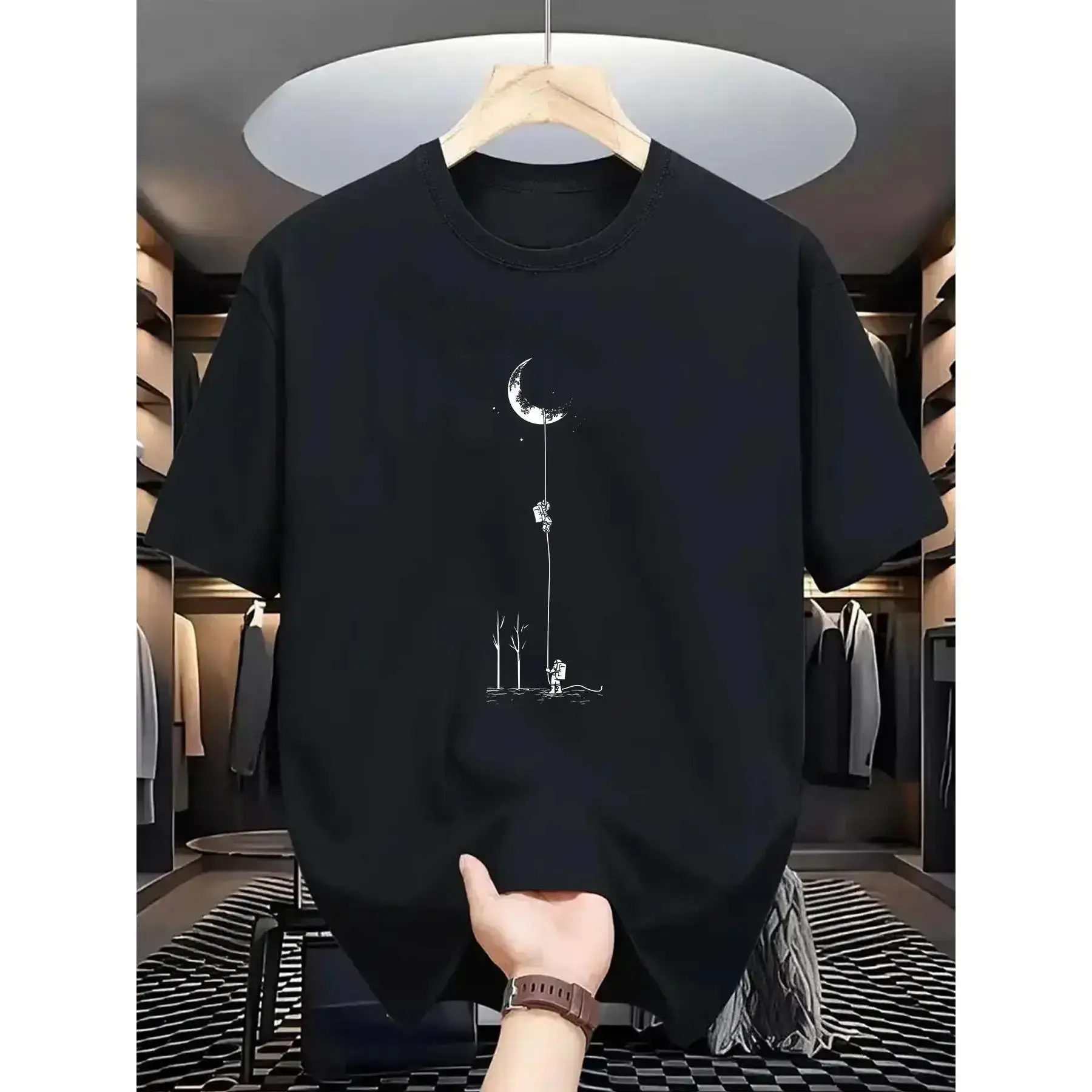 [100% Cotton] Cotton Short Sleeve  T-Shirt Comfortable & Stretchy Moon Landing Graphic Tee - Men'S Casual Street Style Round Neck T-Shirt - Black, Burgundy, Dark Green, Blue, Grey Golf Gift T-Shirt For Men And Women pxt01