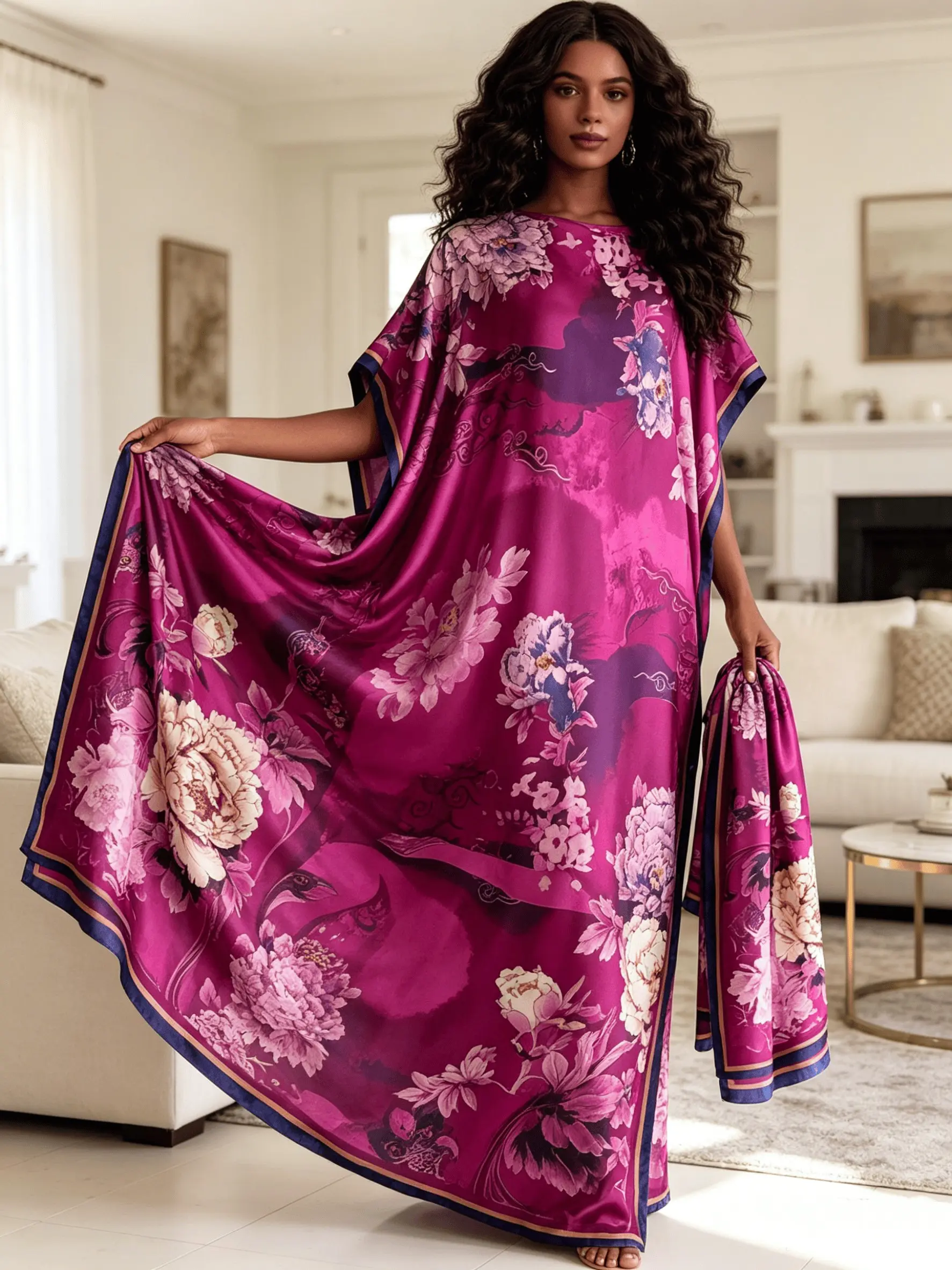 2026 New Women's 2 Piece Magenta Floral Print Kaftan Maxi Dress, Silky Pleated Robe, Beach Cover Up, Boho Style, All Seasons