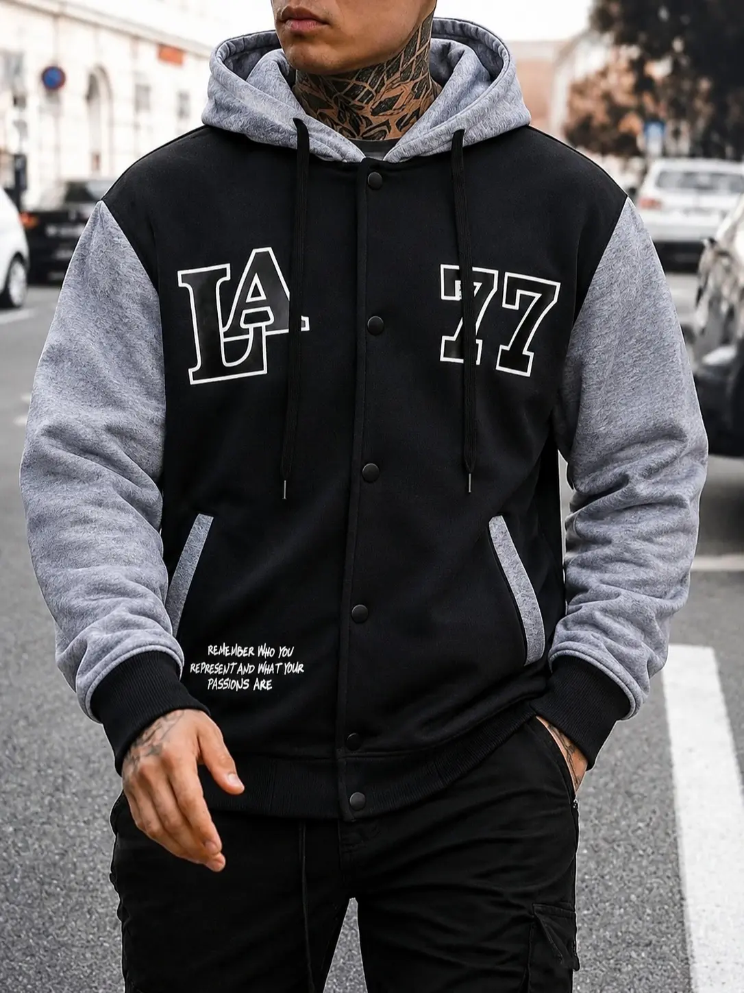 Men’s LA77 color-block raglan hooded baseball sweatshirt jacket, American vintage single-breasted fleece cardigan hoodie jacket, single piece