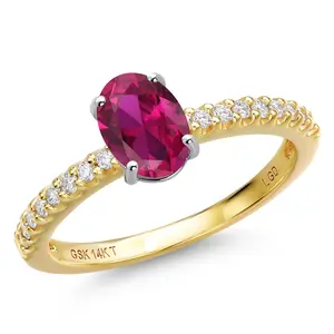 14K Two Tone Gold Red Created Ruby and Lab Grown Diamond Engagement Ring For Women | 1.01 Cttw | Oval 7X5MM | Gemstone July Birthstone