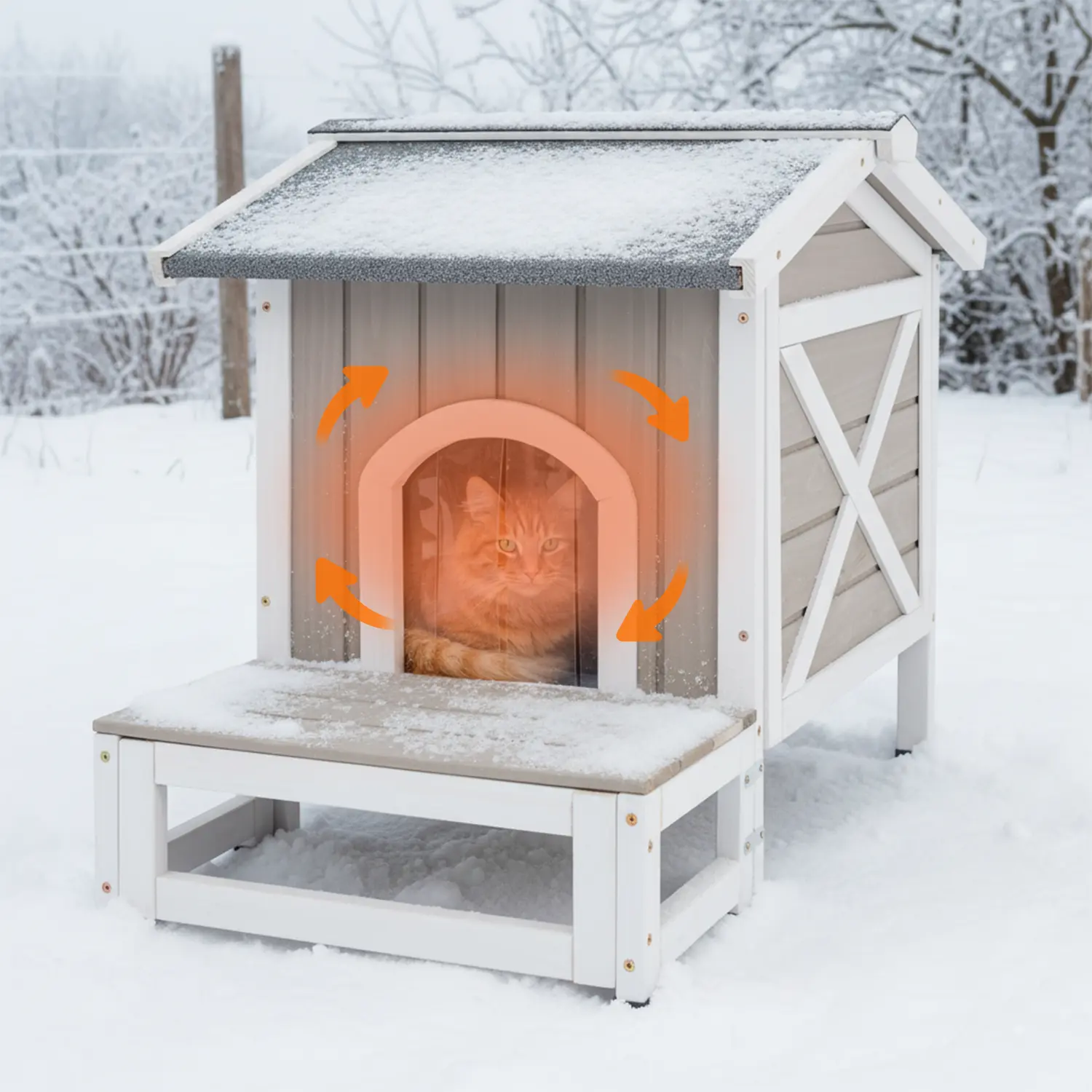Petscosset 2-Story Insulated Wooden Outdoor Cat House, Weatherproof Asphalt Roof Cat Shelter with 3 Access Doors, Elevated Moisture-Proof Base & Hinged Easy-Clean Roof, Warm Plush Interior for 1-2 Cats Backyard Patio Garden All Season Use