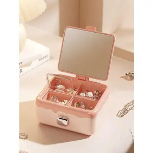 1pc Portable Jewelry Box, Mini Compact With Mirror, Earrings Necklace Ring Storage Box, Small Delicate Jewelry Box For Home wardrobe organizer