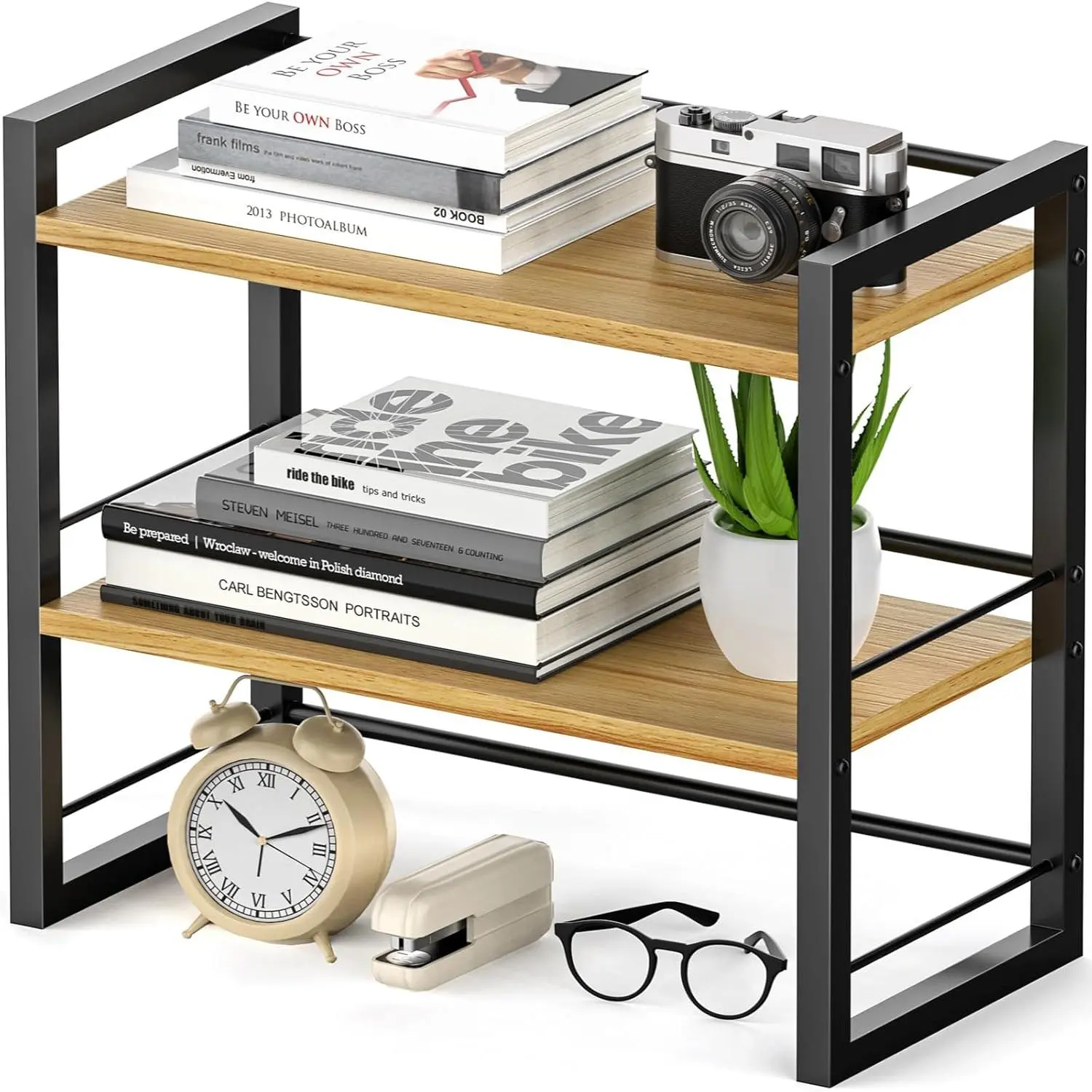 Black Wood 2-Tiered Office Storage Shelf - Commercial Furniture Organizer for Desktop, Dresser, Home Office Use, Two-Tiered