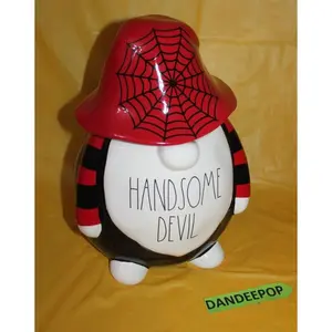 Rae Dunn Handsome Devil Gnome Seal Tight Ceramic Canister Halloween Spider Web