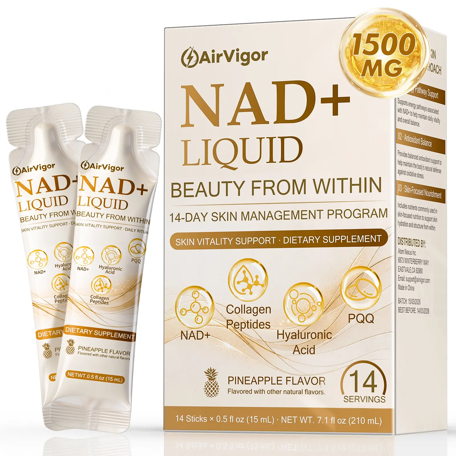 AirVigor NAD+ Liquid Supplement for Women with Collagen, Hyaluronic Acid & PQQ, Sugar-Free Pineapple Flavor, Daily Beauty & Wellness Support, 14 Ready-to-Drink Liquid Sticks, Gluten Free