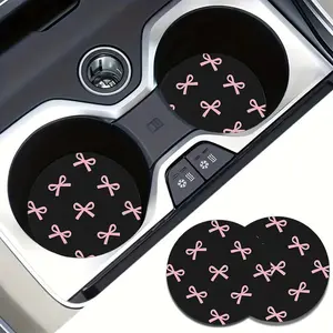 Pink Bow Pattern Absorbent Cup Mat and Holder, Cup Coasters for Car, Women's Car, Sedan, Home Desk Use, Stylish and Practical Drink Accessories