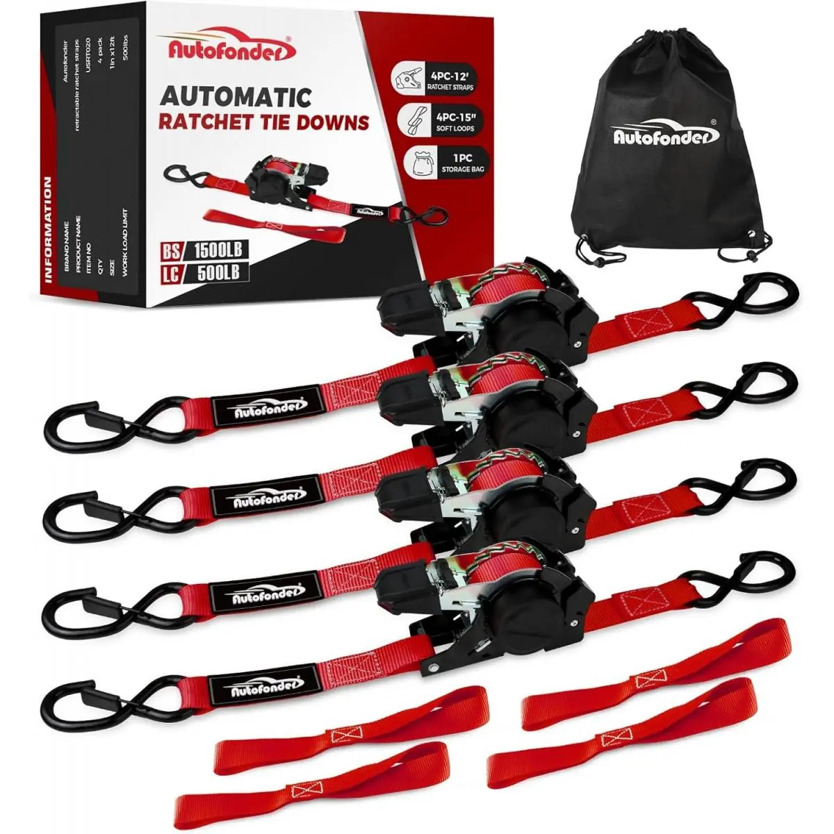 1 Inch x 12 Feet Retractable Ratchet Straps with Soft Loops(4 Pack)-(1,500lb Break Strength)  Heavy Duty Auto Self Retracting Tie Down Strap for Truck, Cargo Trailer, Motorcycle, Rad & More
