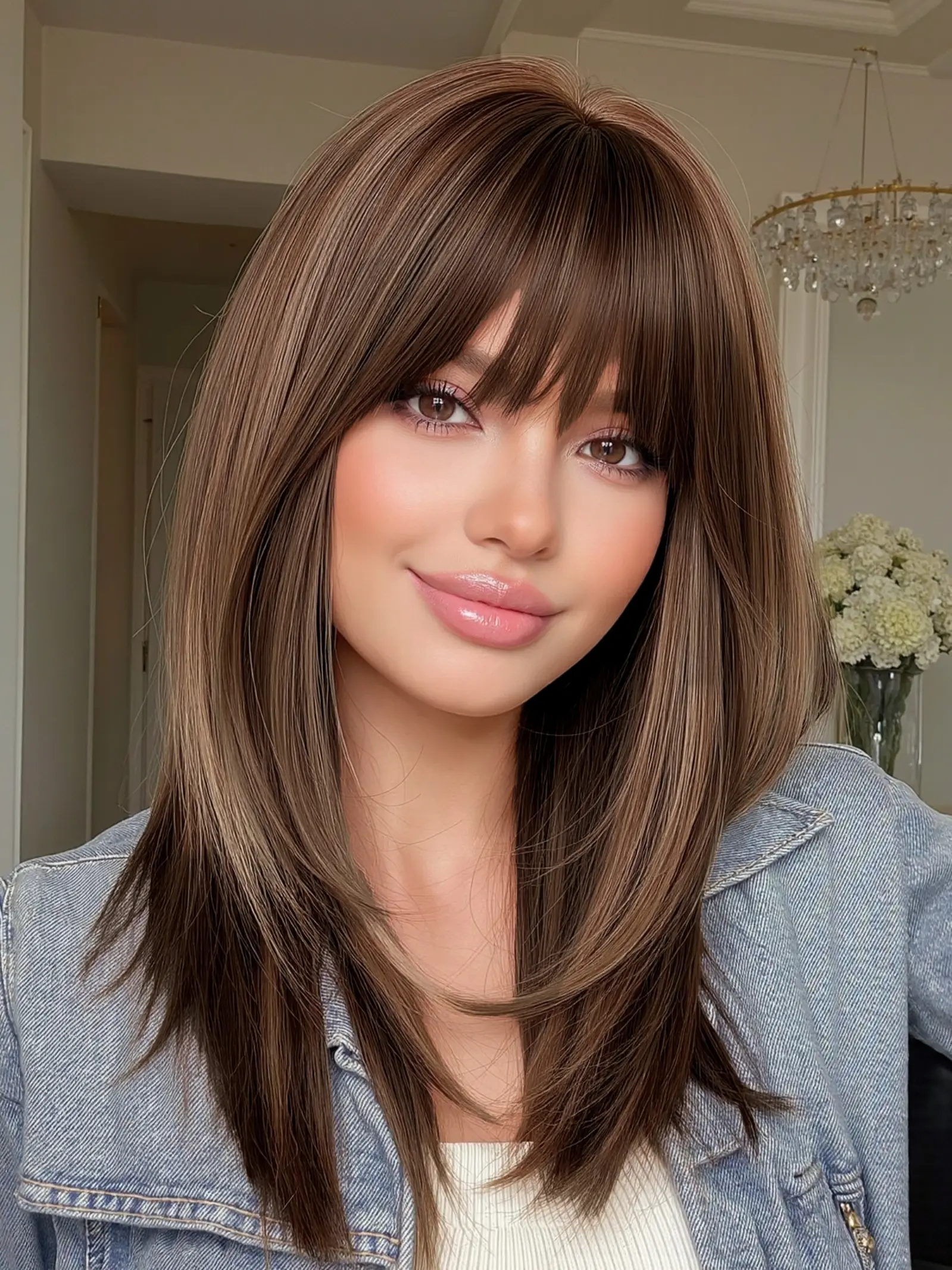 20 Inch Wig with Bangs, Synthetic Material Wigs, Hair Straight Wigs, Highlights Medium Length, Comfortable Natural Rose Net, Heat Resistant, Festival Mother's Day Gift