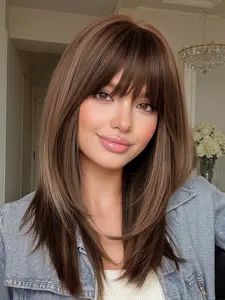 20 Inch Wig with Bangs, Synthetic Material Wigs, Highlights Medium Length, Comfortable Natural Rose Net, Heat Resistant, Festival Mother's Day Gift