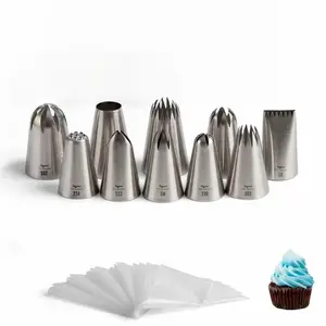 10 Pcs Icing Piping Tips & 50 Pastry Bags – Stainless Steel Cake Decorating Set, Large Decoration Tips for Swirls, Rosettes, Macarons – Reusable Tips, Disposable Bags