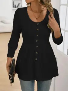 Elegant Women's Plus Size Long Sleeve Shirt, Round Neck Blouse Top with Button Decorations, Perfect for Casual & Office Wear