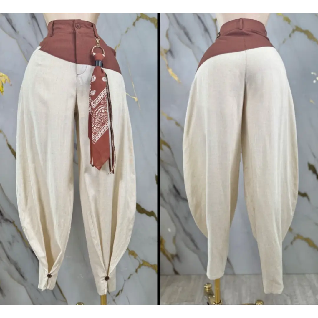 Boho Linen Balloon Pants with High-Waist Contrast & Bandana Detail