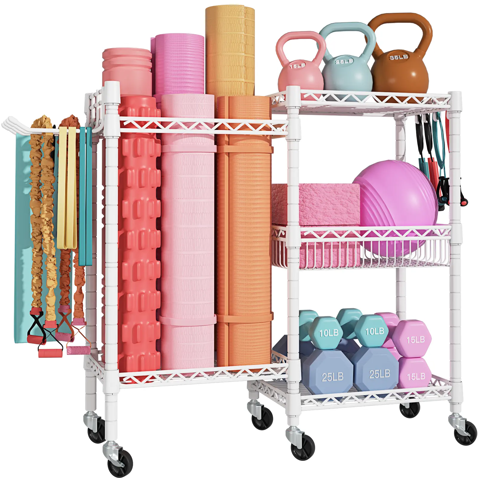 Home Gym Storage, 3 Tiers Workout Equipment Organizer with Wheels for Yoga Mats, Foam Roller, Dumbbells, Kettlebells, and Resistance Bands